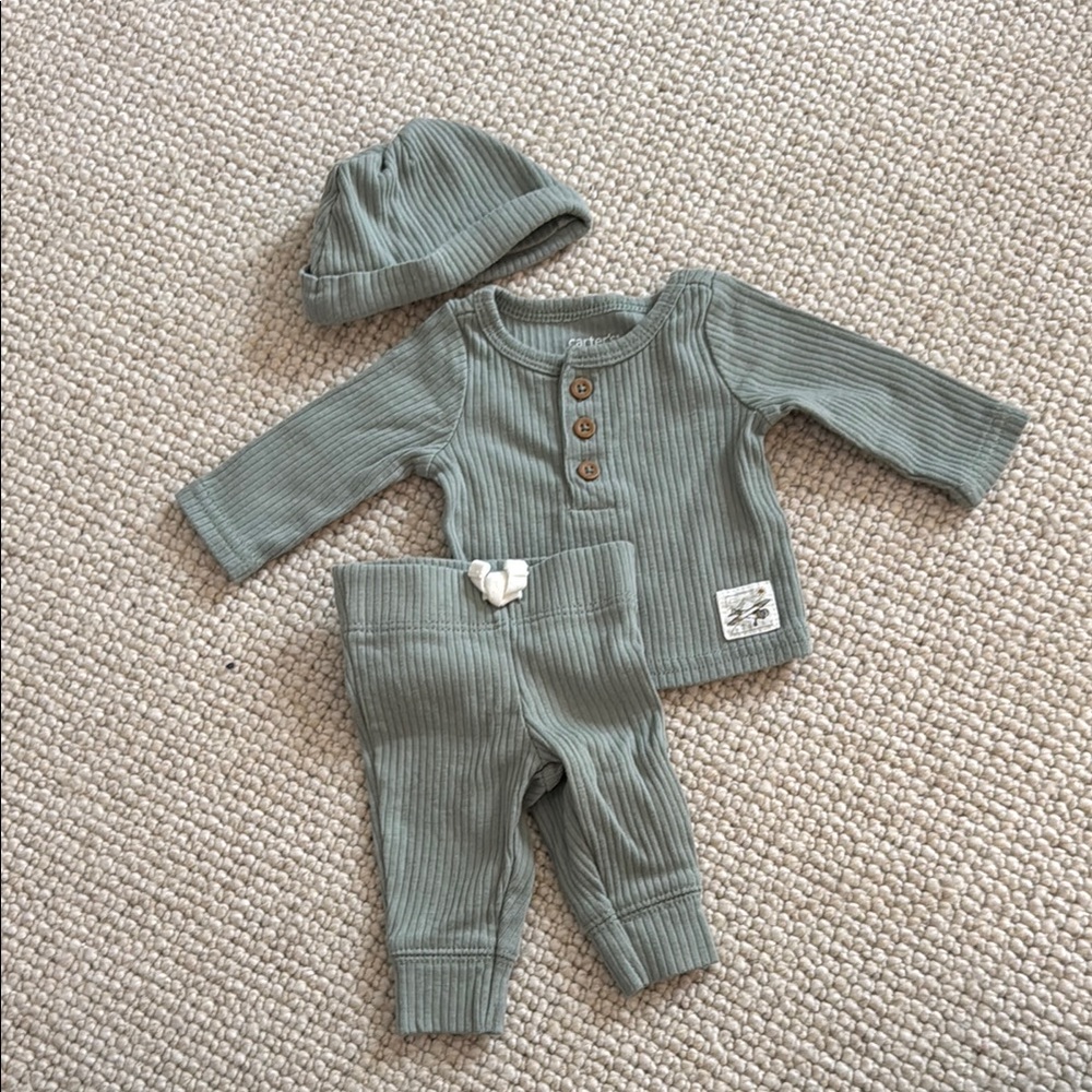 Ribbed Baby Outfit Set in Sage Green - PREMIE